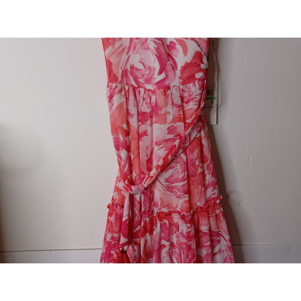 CALVIN KLEIN Womens White Lined Tie Belt Floral Sleeveless Dress Size 8 $149 - Picture 3 of 9